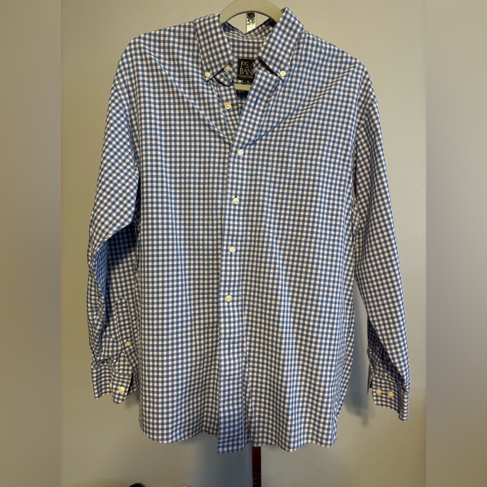 Jos A Banks button down shirt medium blue and‎ lavender gingham cotton men’s